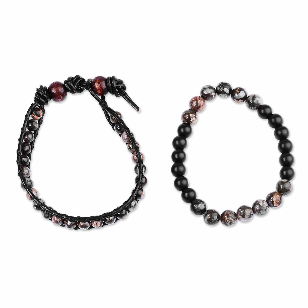 Men's Black Leather and Dark Agate Bracelets (Set of 2) - Shadow Energies