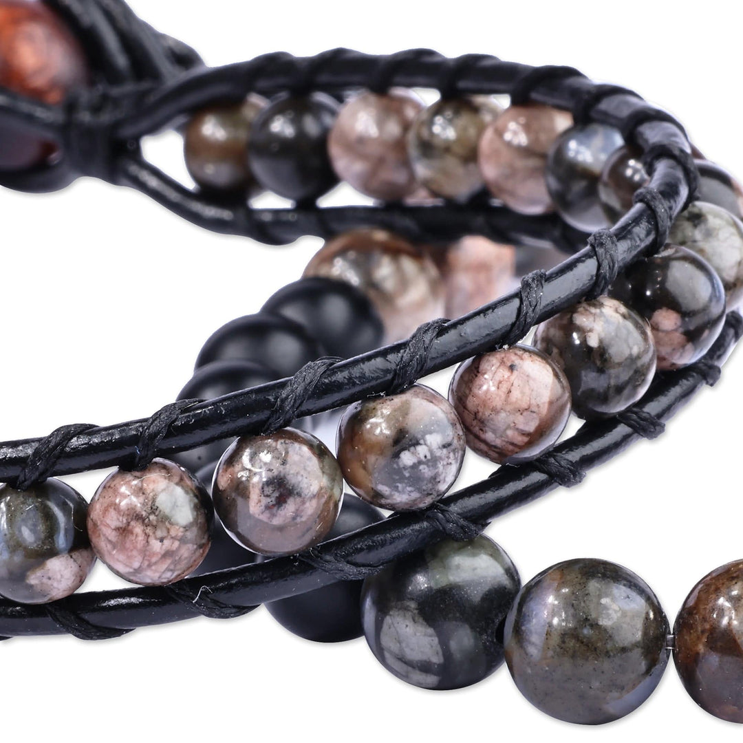 Men's Black Leather and Dark Agate Bracelets (Set of 2) - Shadow Energies