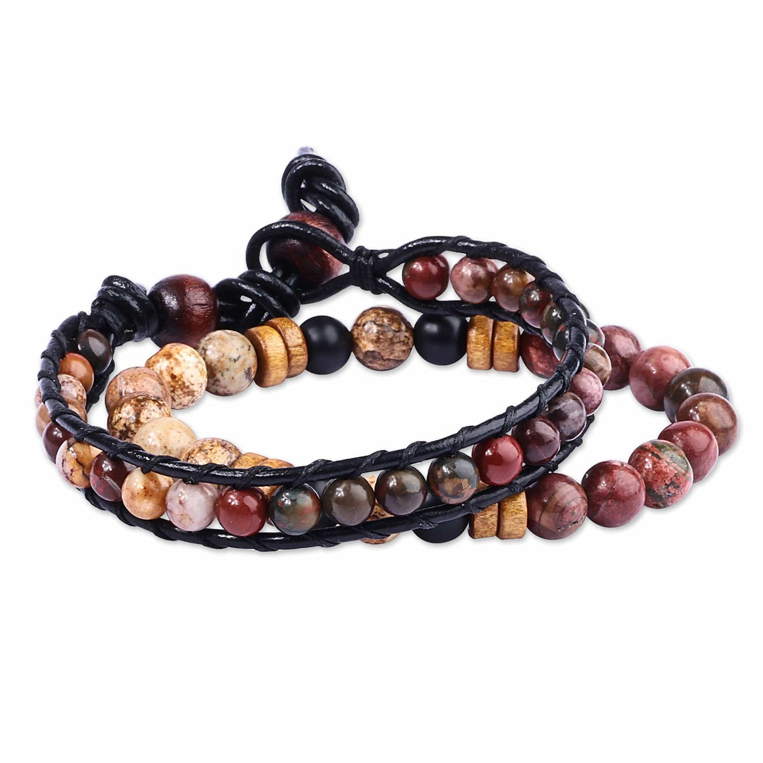 Men's Black Leather and Natural Jasper Bracelets (Set of 2) - Fearless Energies