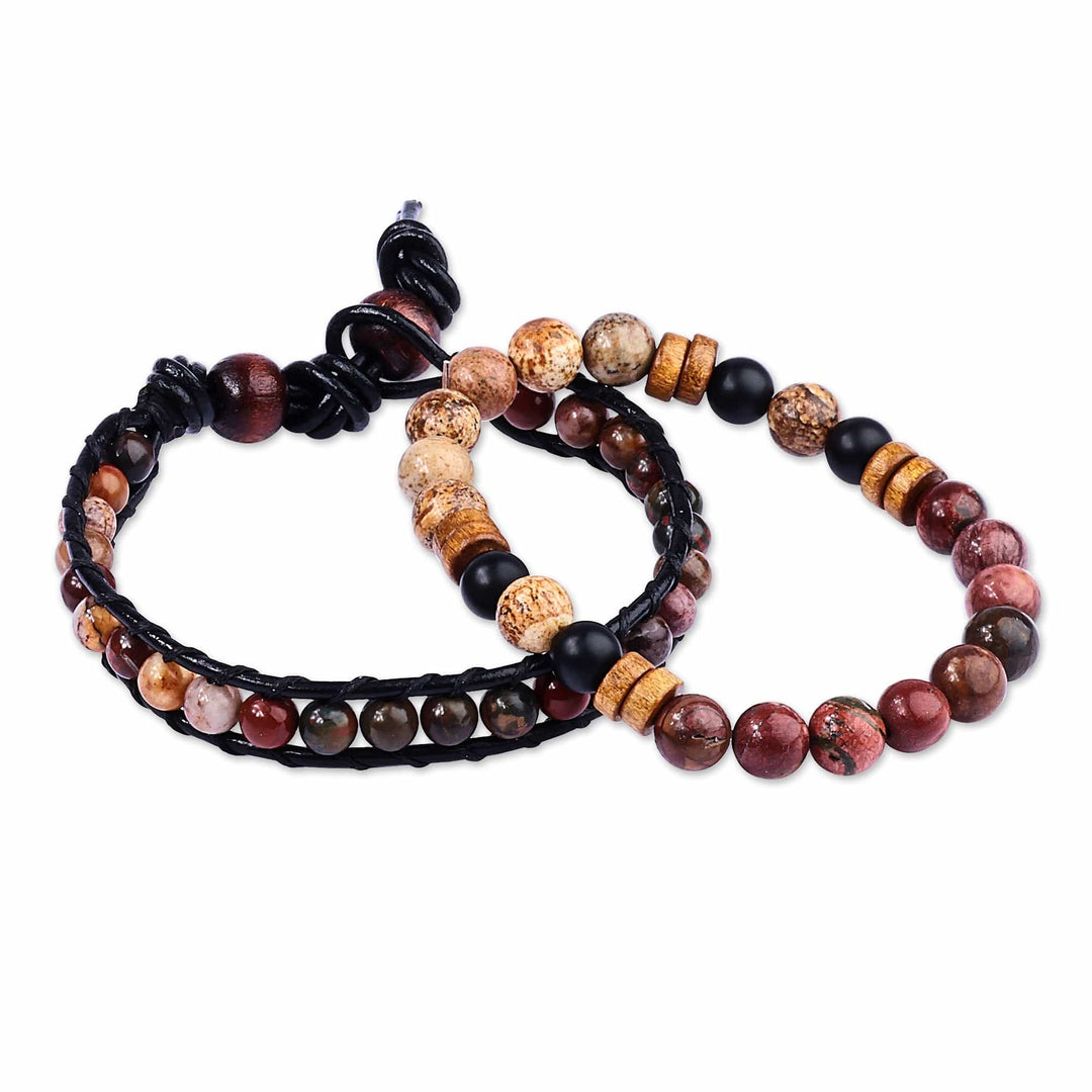 Men's Black Leather and Natural Jasper Bracelets (Set of 2) - Fearless Energies