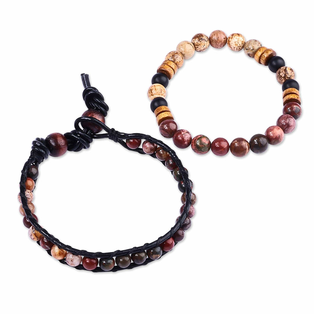 Men's Black Leather and Natural Jasper Bracelets (Set of 2) - Fearless Energies