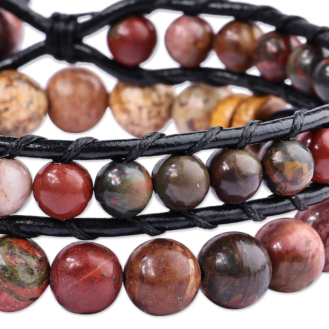 Men's Black Leather and Natural Jasper Bracelets (Set of 2) - Fearless Energies