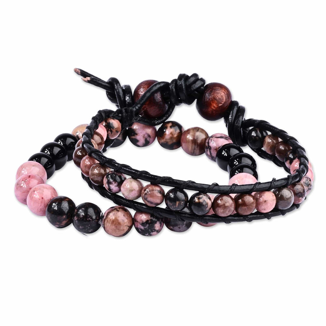 Black Leather and Natural Rhodonite Bracelets (Set of 2) - Compassionate Energies