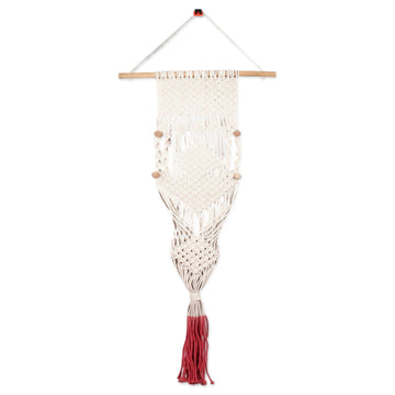 Handwoven Beige and Red Cotton Hanging Planter from India - Fire Threads