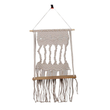 Woven Beige Cotton Macrame Hanging Shelf with Wood Accents - Serene Twists