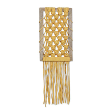 Handwoven Wood and Yellow Macrame Cotton Wall Hanging - Portrait of Success