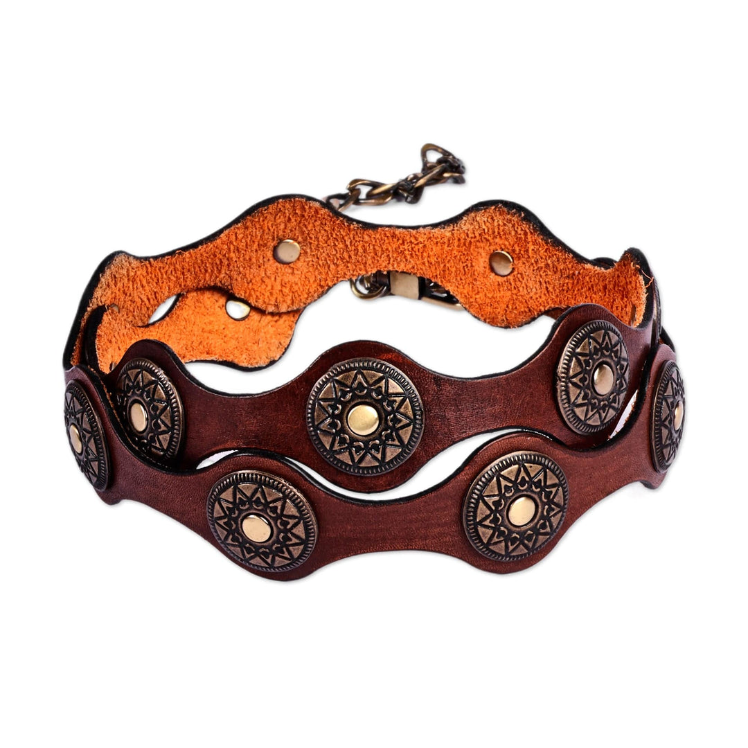 Antiqued Finished Metal and Brown Leather Belt from Armenia - Magnificence Cores