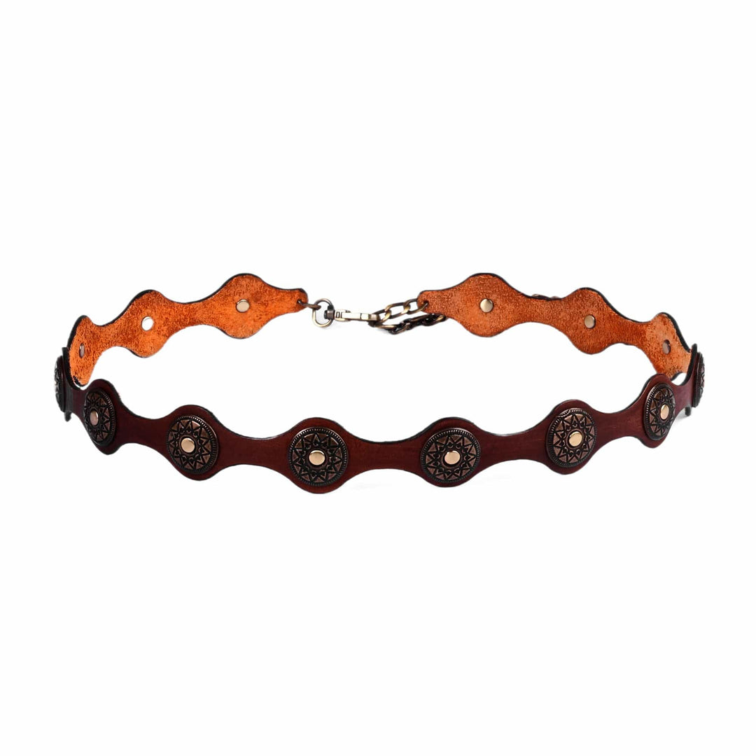 Antiqued Finished Metal and Brown Leather Belt from Armenia - Magnificence Cores