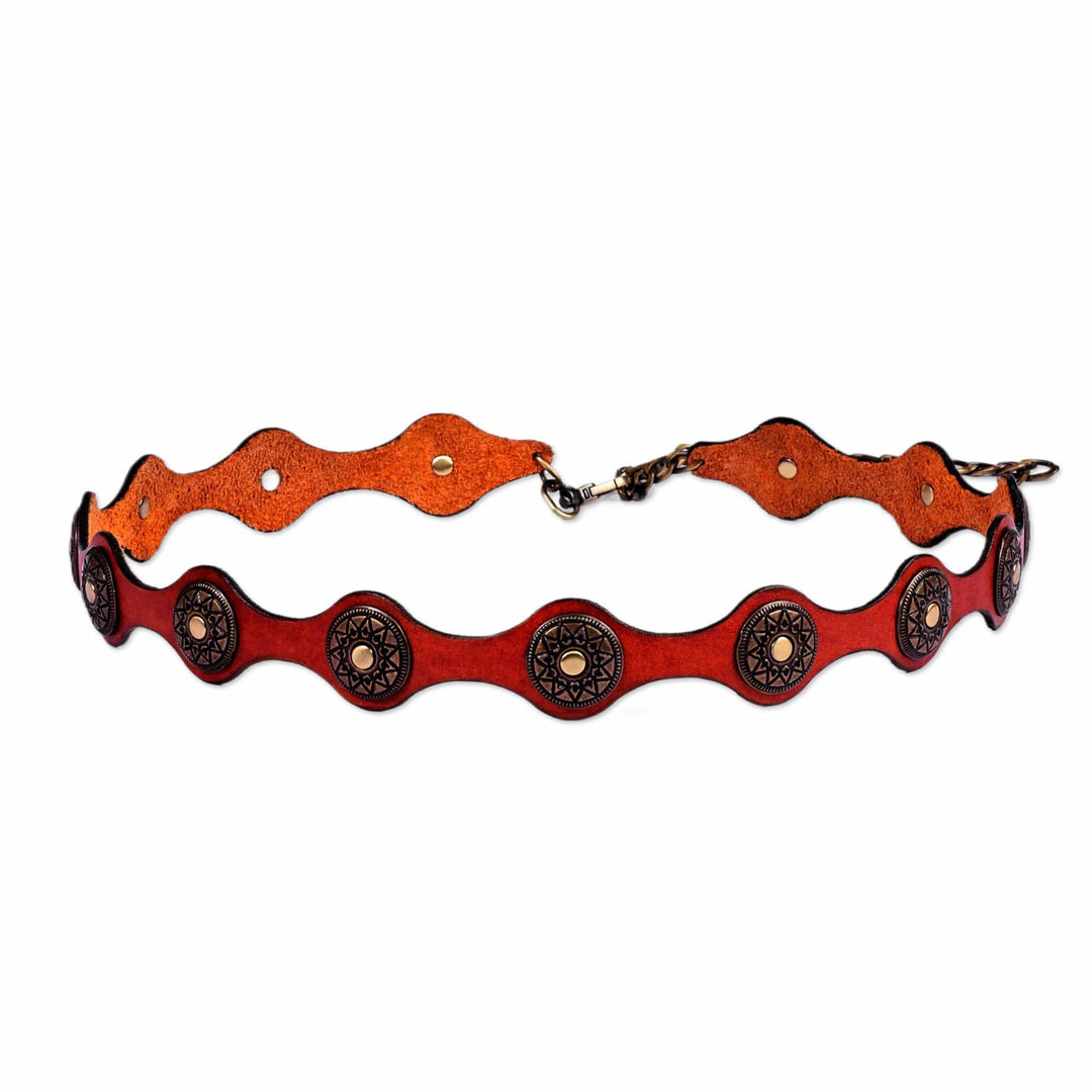 Antiqued Finished Metal and Red Leather Belt from Armenia - Fiery Cores