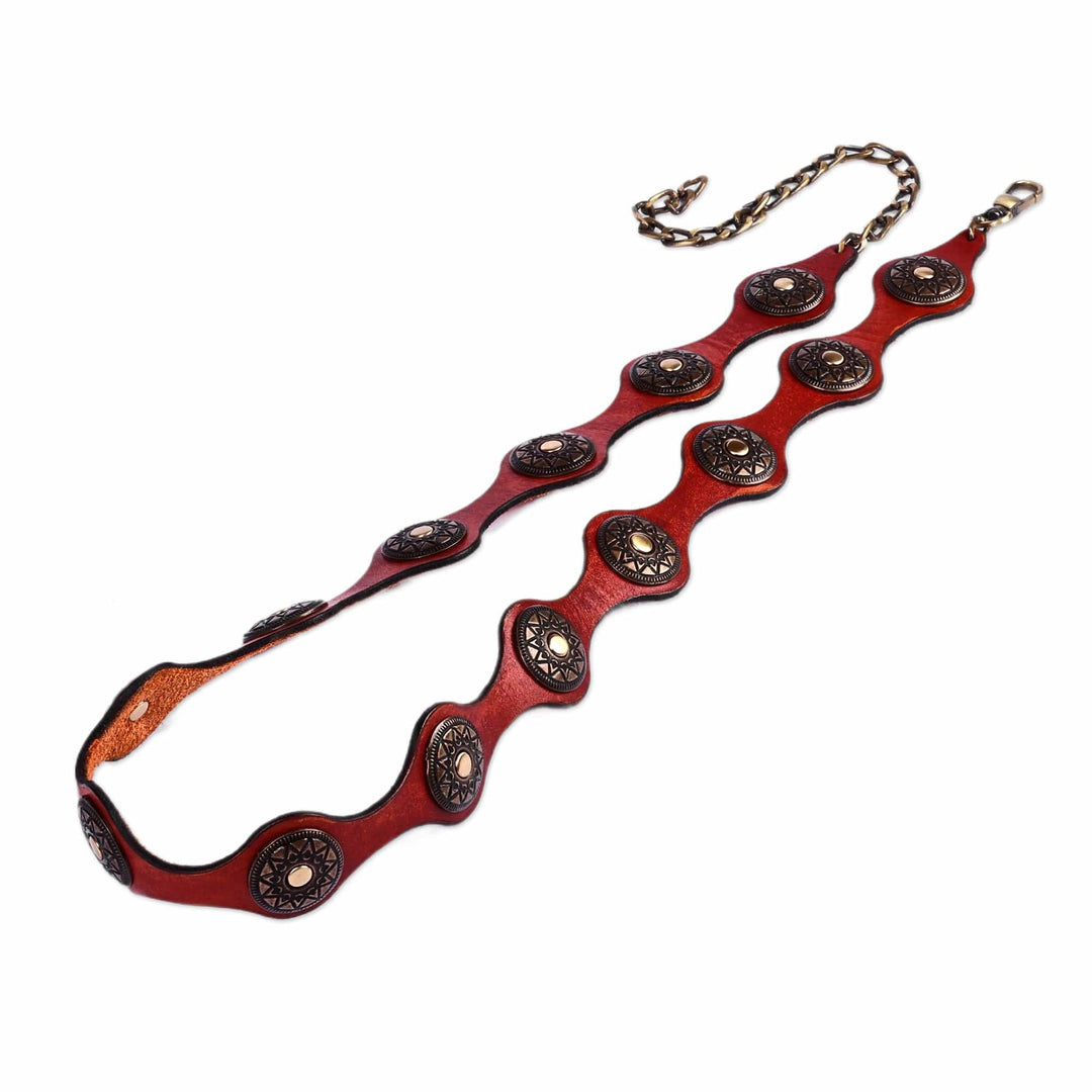 Antiqued Finished Metal and Red Leather Belt from Armenia - Fiery Cores