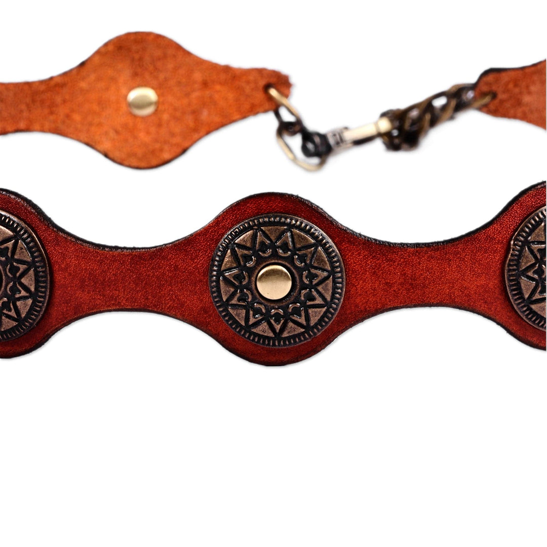 Antiqued Finished Metal and Red Leather Belt from Armenia - Fiery Cores
