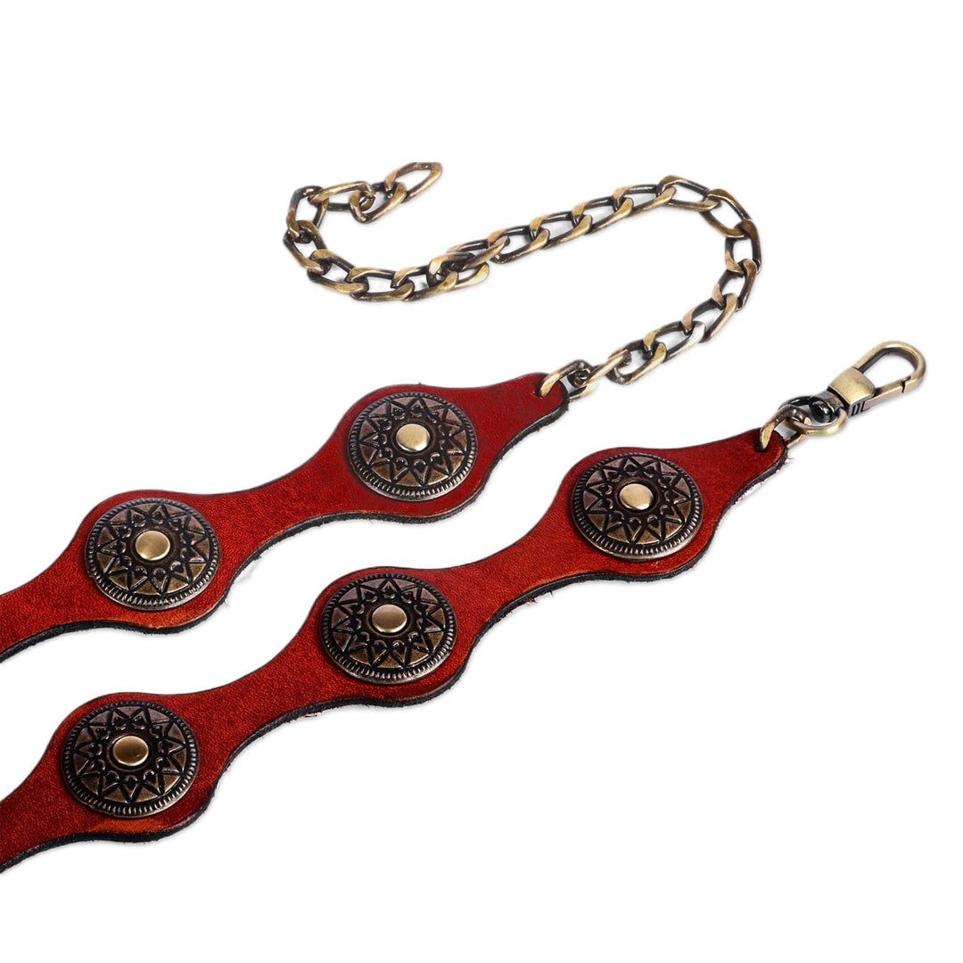 Antiqued Finished Metal and Red Leather Belt from Armenia - Fiery Cores