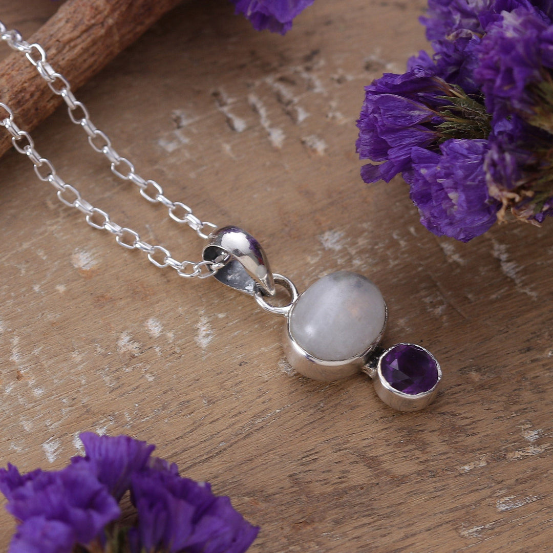 Natural Rainbow Moonstone and Amethyst Pendant Necklace - Sage's Harmony