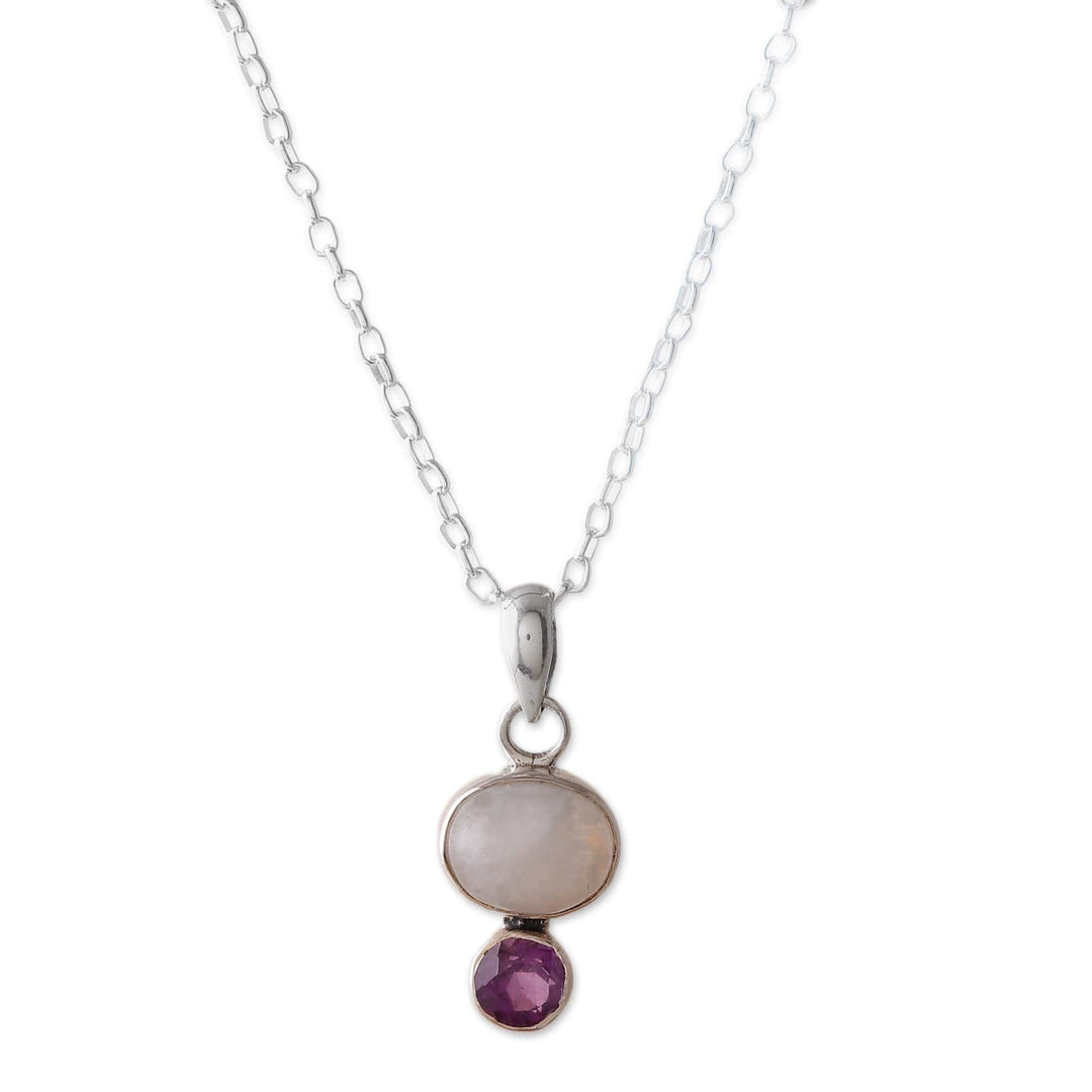 Natural Rainbow Moonstone and Amethyst Pendant Necklace - Sage's Harmony