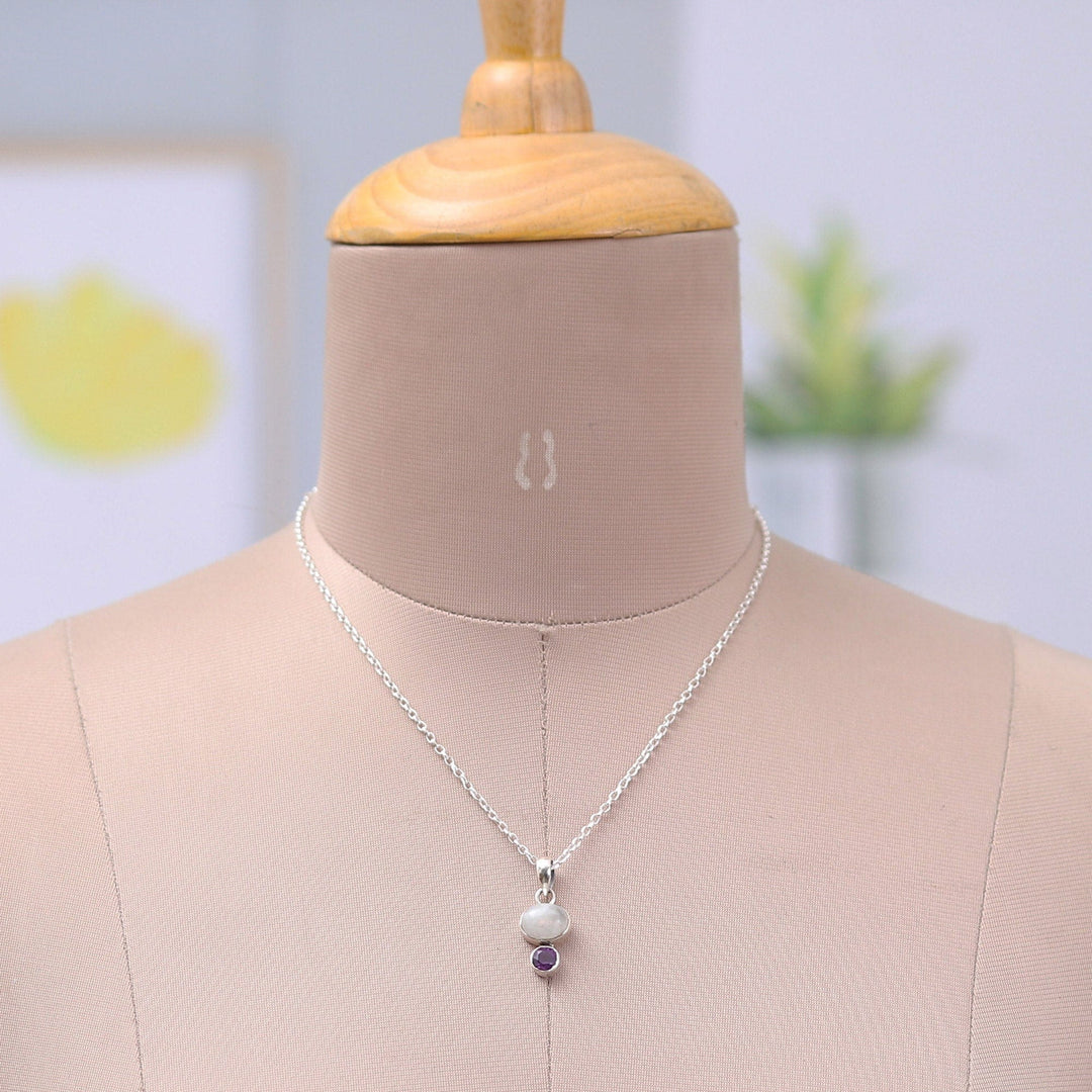 Natural Rainbow Moonstone and Amethyst Pendant Necklace - Sage's Harmony