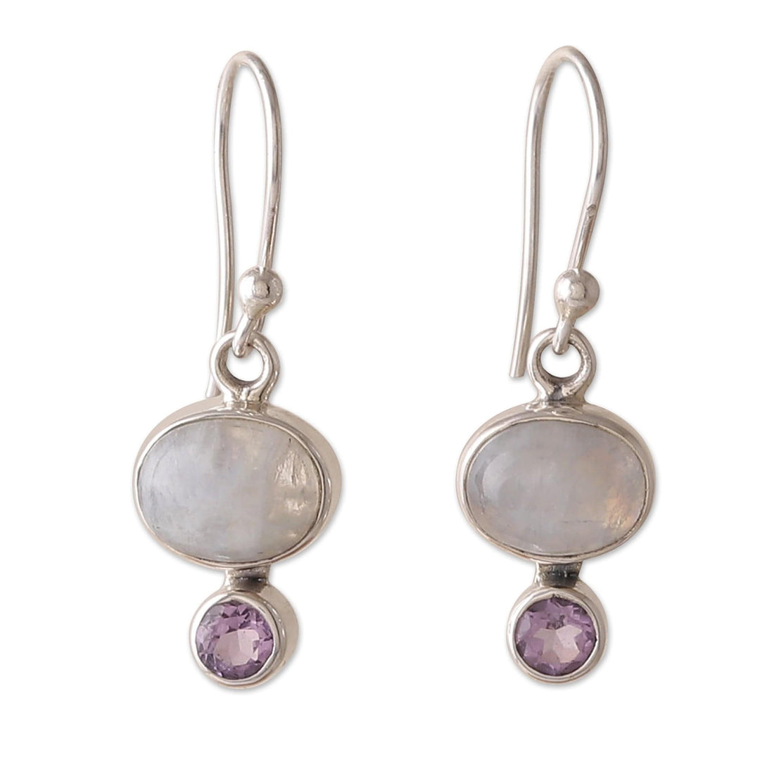 Natural Rainbow Moonstone and Amethyst Dangle Earrings - Sage's Harmony
