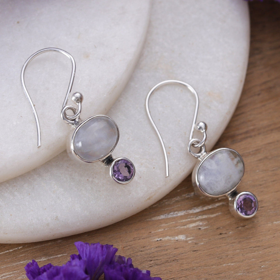 Natural Rainbow Moonstone and Amethyst Dangle Earrings - Sage's Harmony