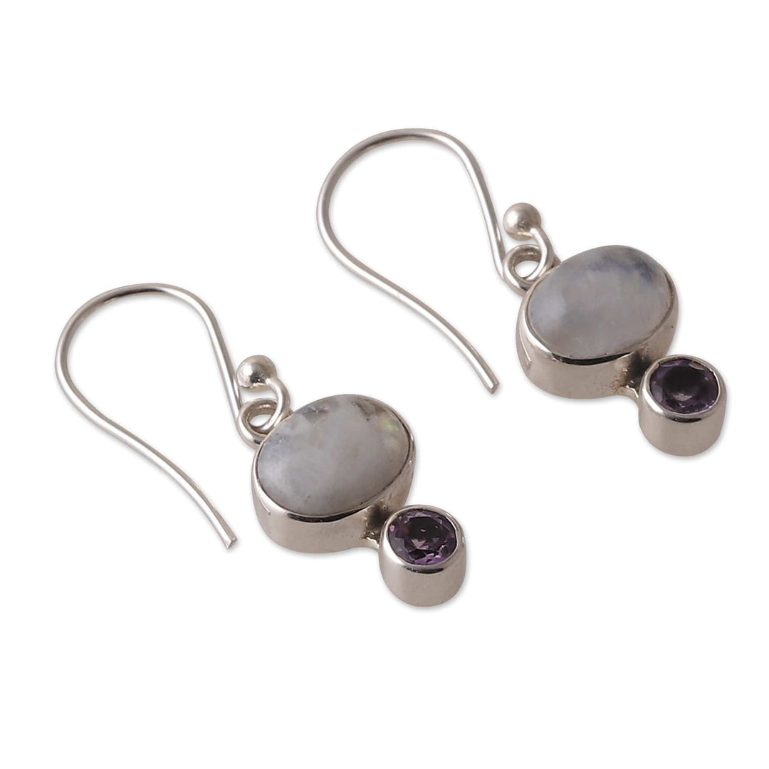 Natural Rainbow Moonstone and Amethyst Dangle Earrings - Sage's Harmony
