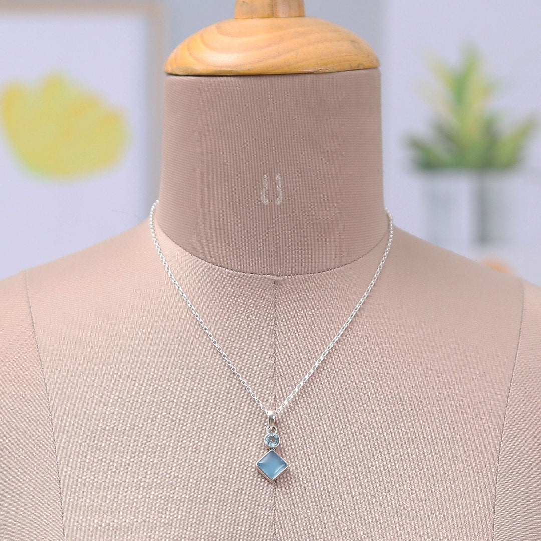 Blue-Toned Chalcedony and Blue Topaz Pendant Necklace - Diamond Portal