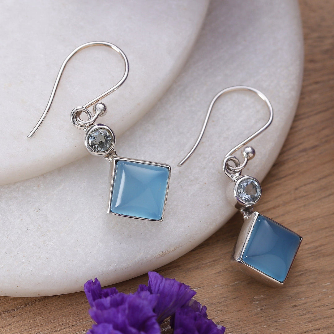 Blue-Toned Chalcedony and Blue Topaz Dangle Earrings - Diamond Portal