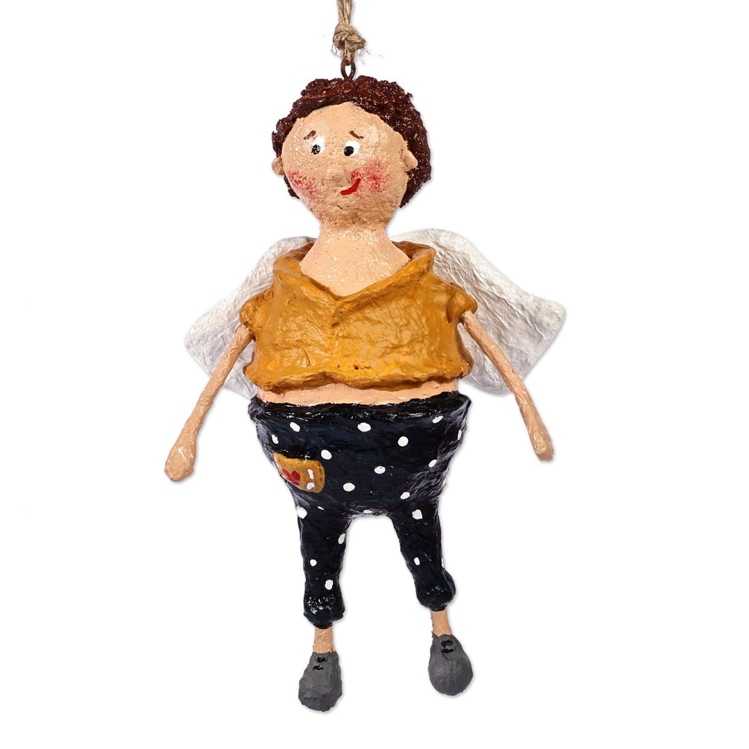 Hand-Painted Whimsical Papier Mache Flying Kid Ornament - Angelo