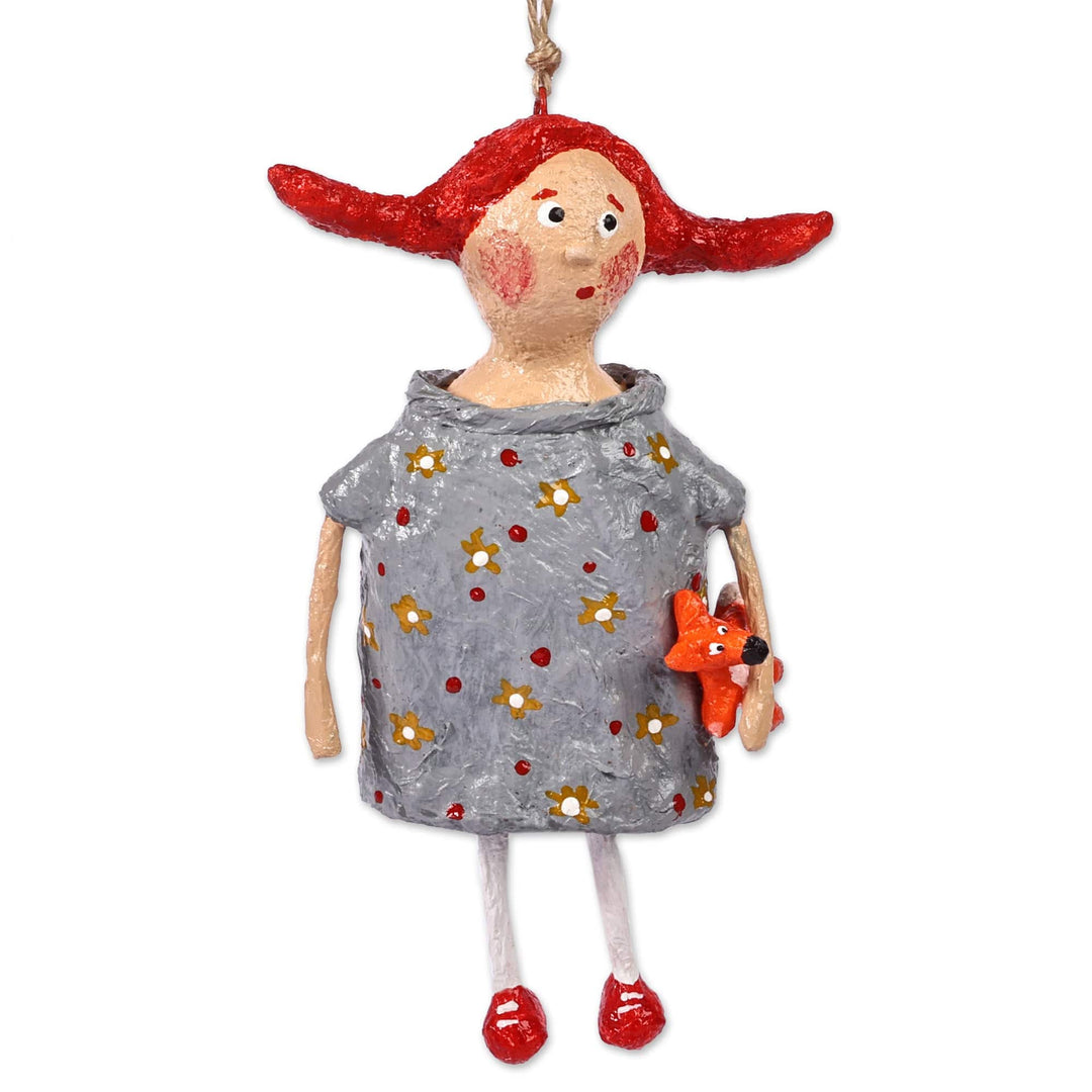 Hand-Painted Papier Mache Ornament of Girl with Fox Toy - Sandra