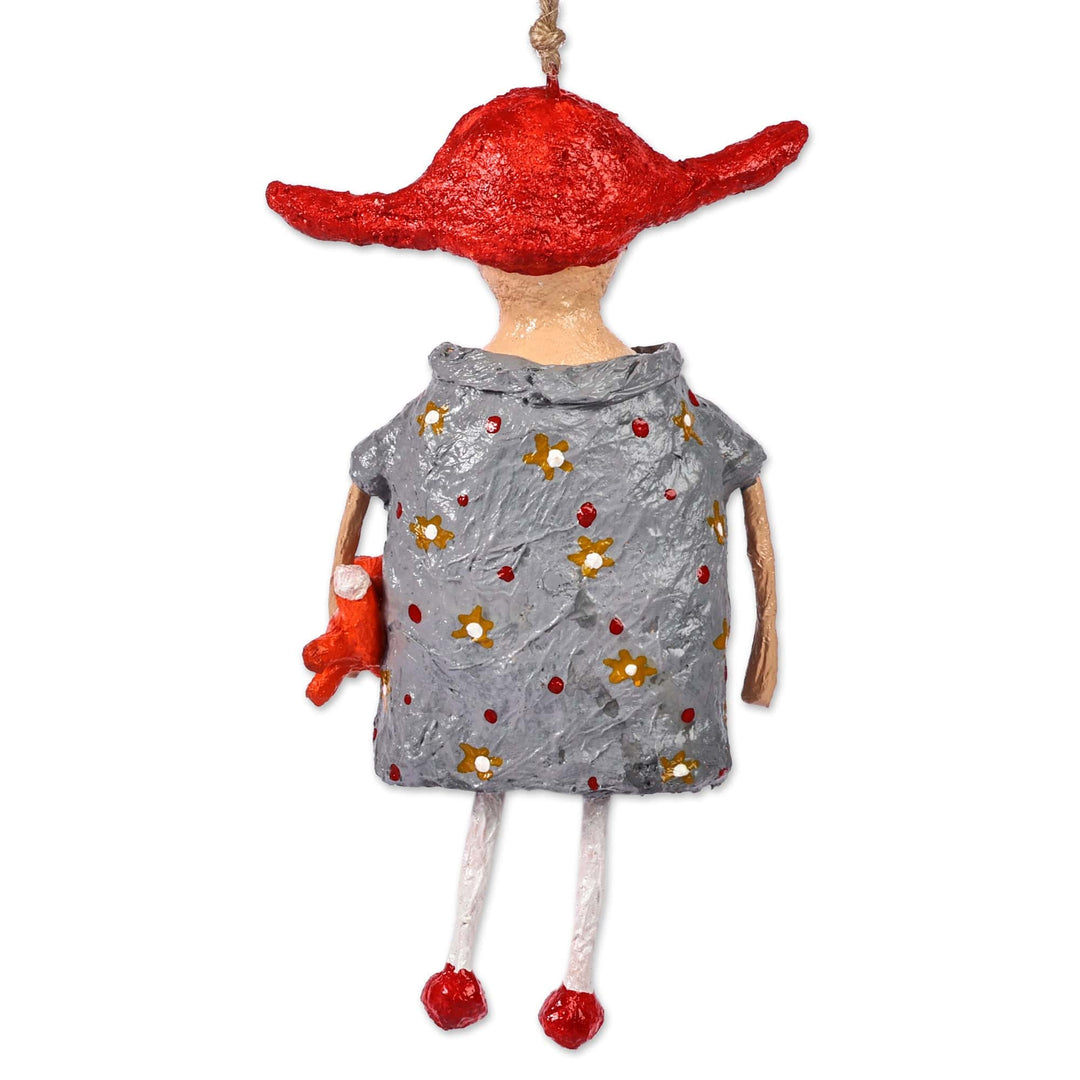 Hand-Painted Papier Mache Ornament of Girl with Fox Toy - Sandra