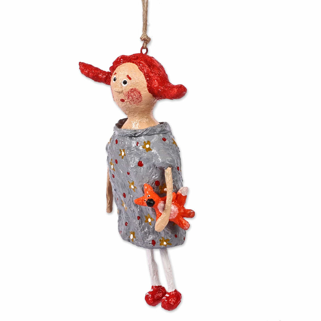 Hand-Painted Papier Mache Ornament of Girl with Fox Toy - Sandra