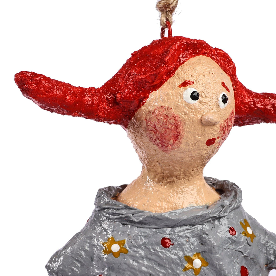 Hand-Painted Papier Mache Ornament of Girl with Fox Toy - Sandra