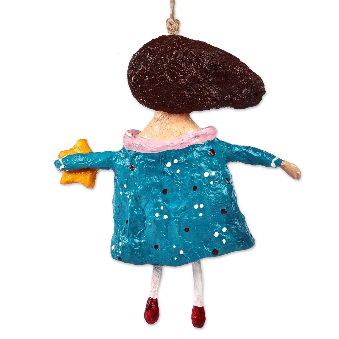 Hand-Painted Wish Star-Themed Papier Mache Ornament in Blue - Anna