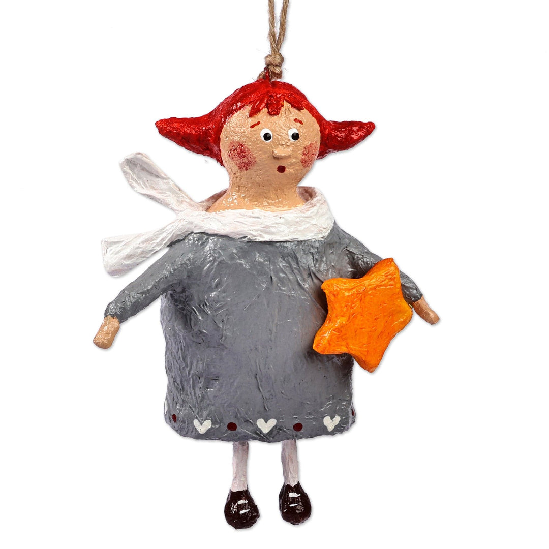 Hand-Painted Wish Star-Themed Papier Mache Ornament in Grey - Veronika