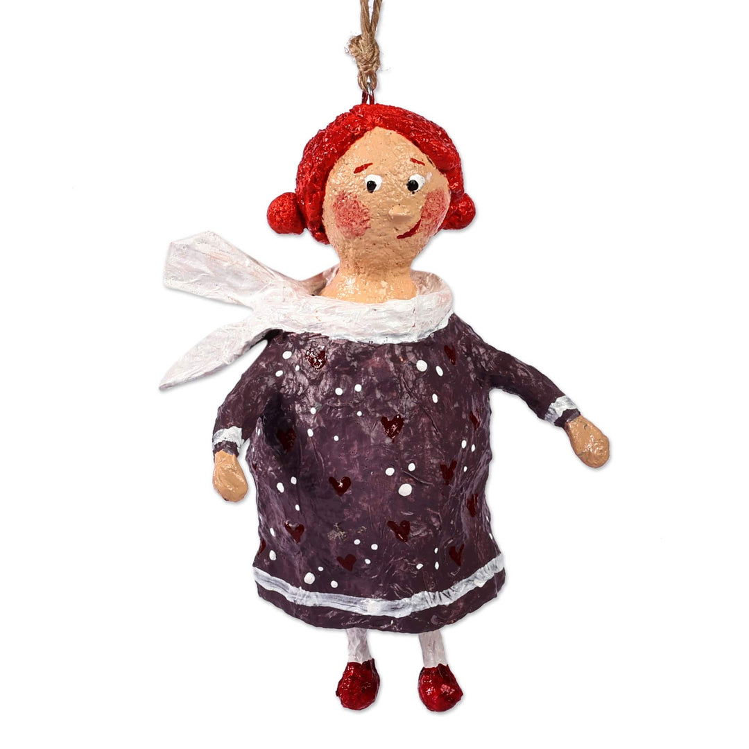 Hand-Painted Floral Grey and Red Papier Mache Ornament - Dame Mari