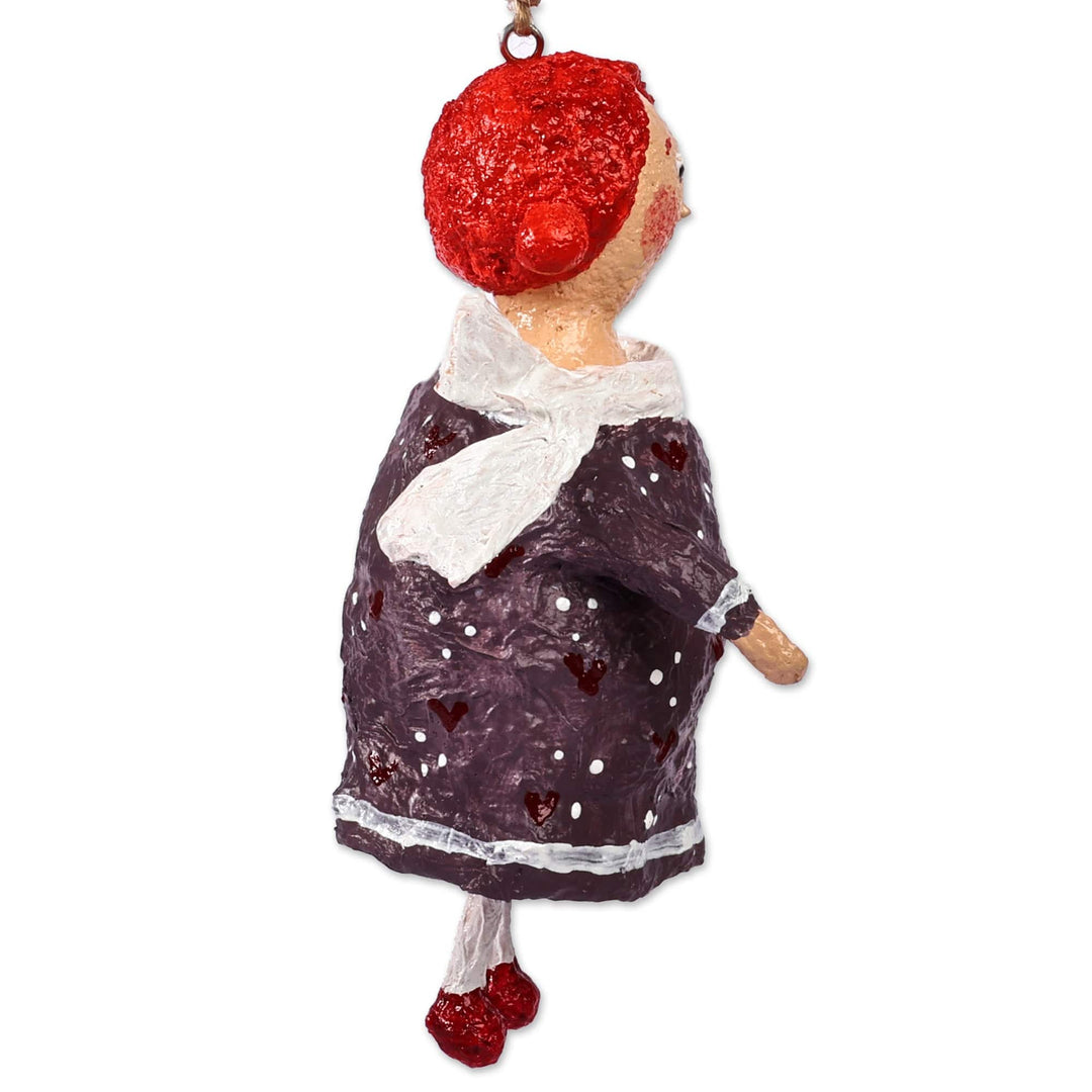 Hand-Painted Floral Grey and Red Papier Mache Ornament - Dame Mari
