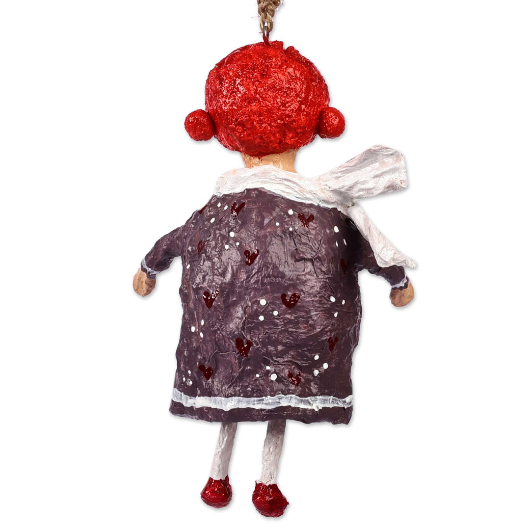 Hand-Painted Floral Grey and Red Papier Mache Ornament - Dame Mari