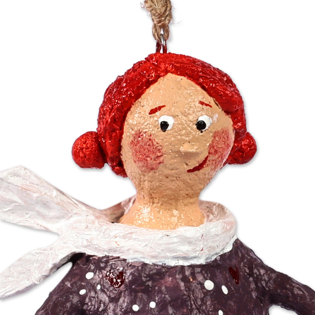 Hand-Painted Floral Grey and Red Papier Mache Ornament - Dame Mari
