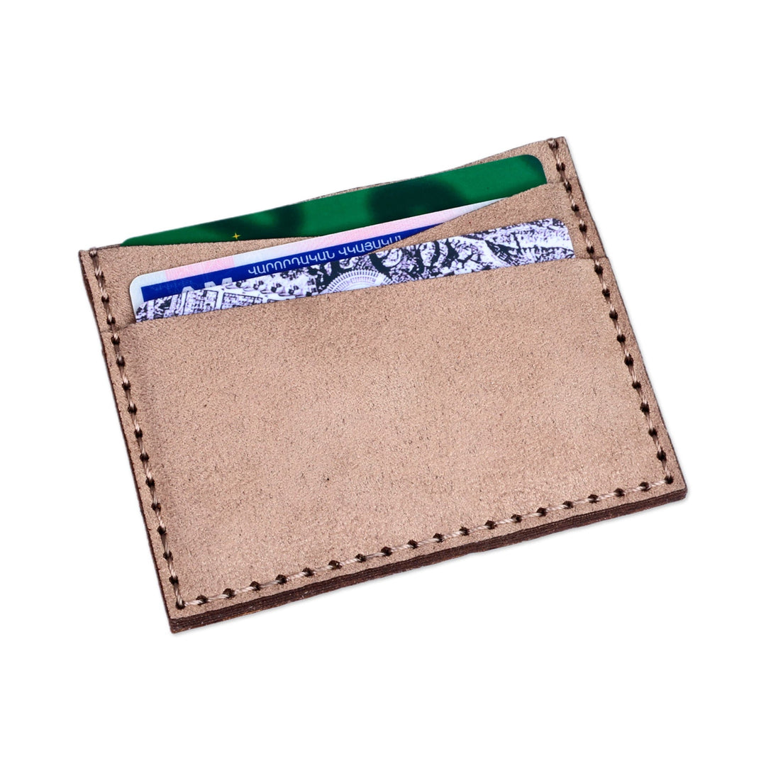 Armenian Alphabet-Themed Beige Suede Card Holder - Historic Icon