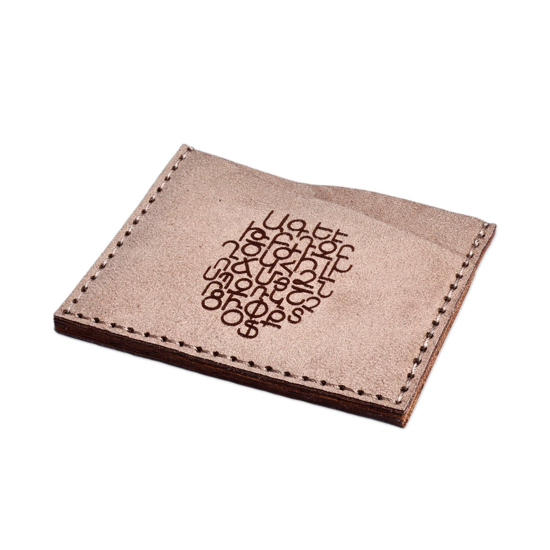Armenian Alphabet-Themed Beige Suede Card Holder - Historic Icon