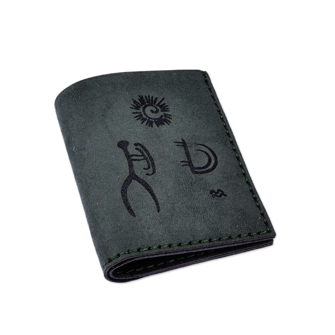 Dark Grey 100% Suede Wallet with Ancient Pictograph Details - Fortunate Heritage