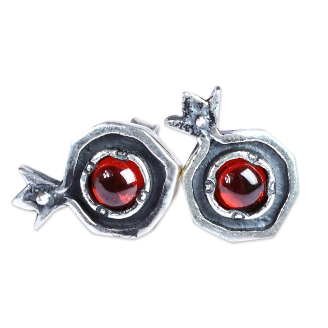Pomegranate-Themed Natural Garnet Button Earrings - Blossoming Pomegranate