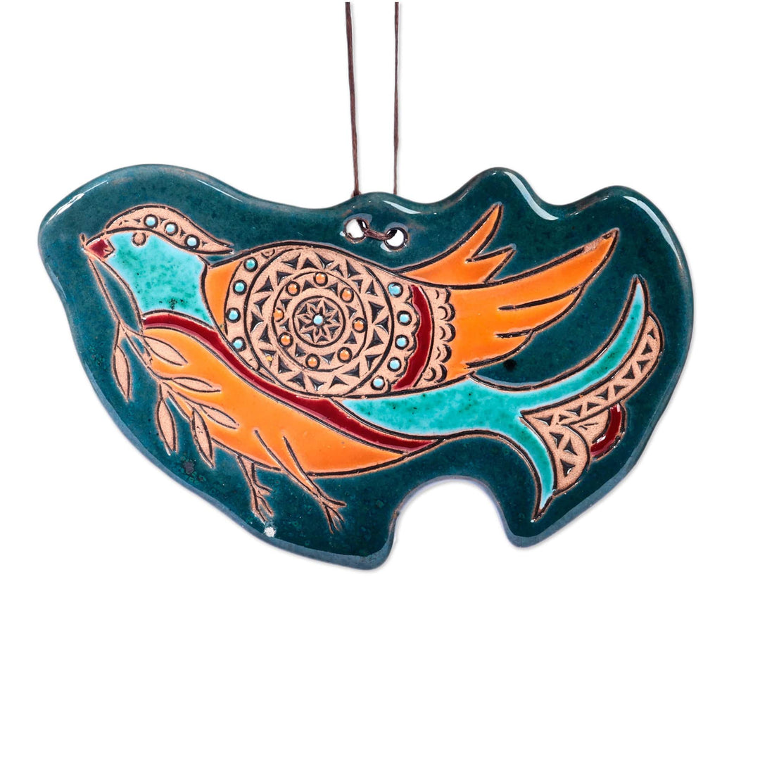 Traditional Pigeon-Themed Teal Ceramic Daghghan Wall Decor - Peaceful Pigeon