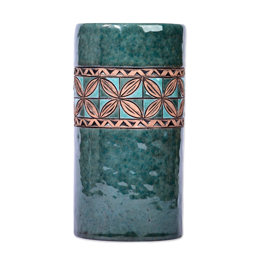 Mosaic-Inspired Green and Aqua Cylinder Ceramic Vase - Armenian Pillar