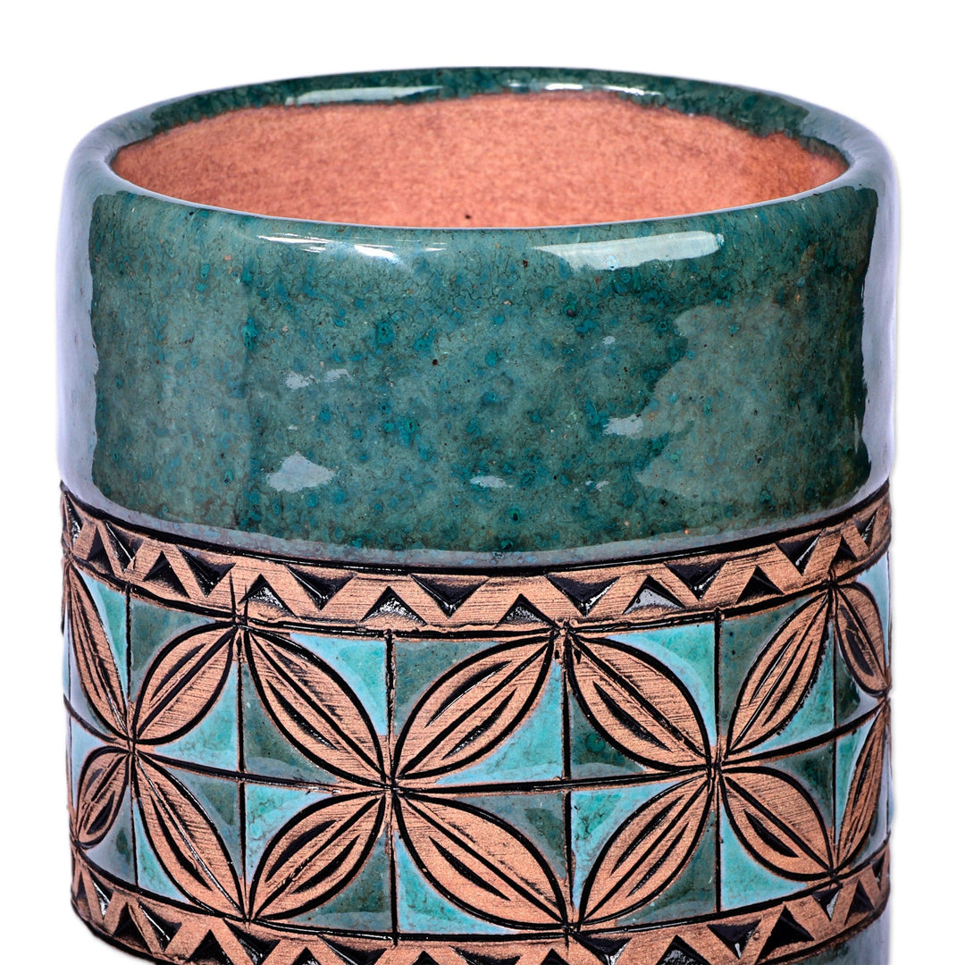 Mosaic-Inspired Green and Aqua Cylinder Ceramic Vase - Armenian Pillar