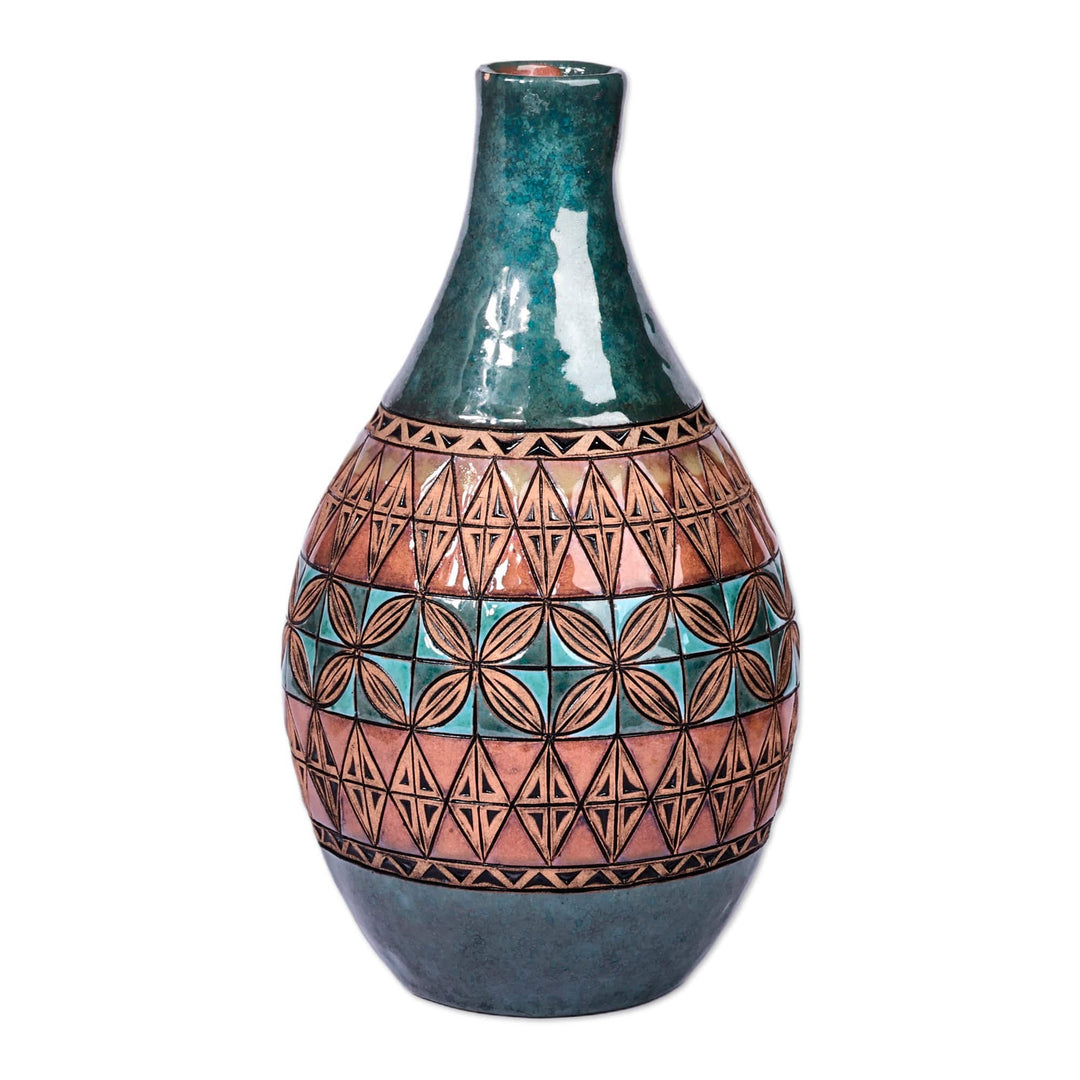 Mosaic-Inspired Green and Brown Round Bottle Ceramic Vase - Armenian Era