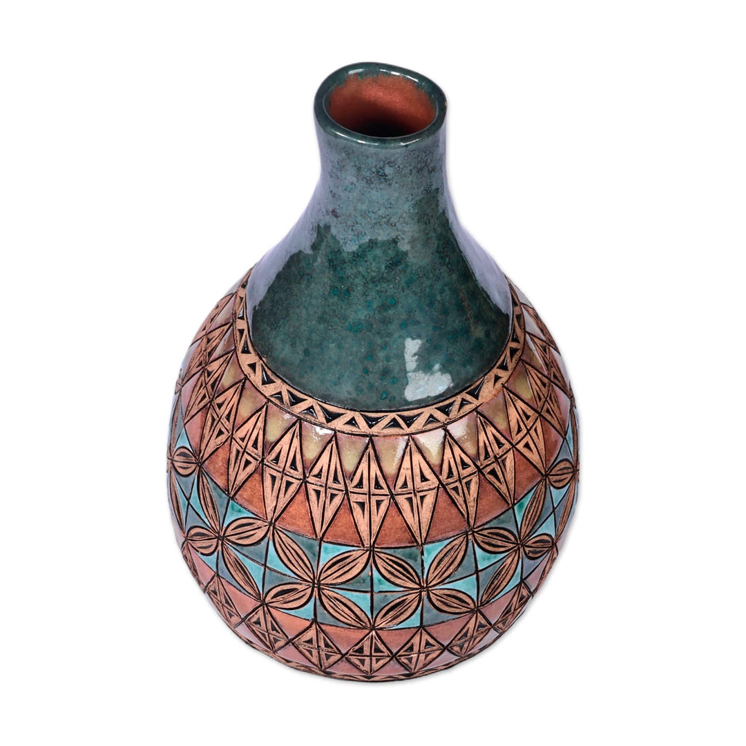 Mosaic-Inspired Green and Brown Round Bottle Ceramic Vase - Armenian Era