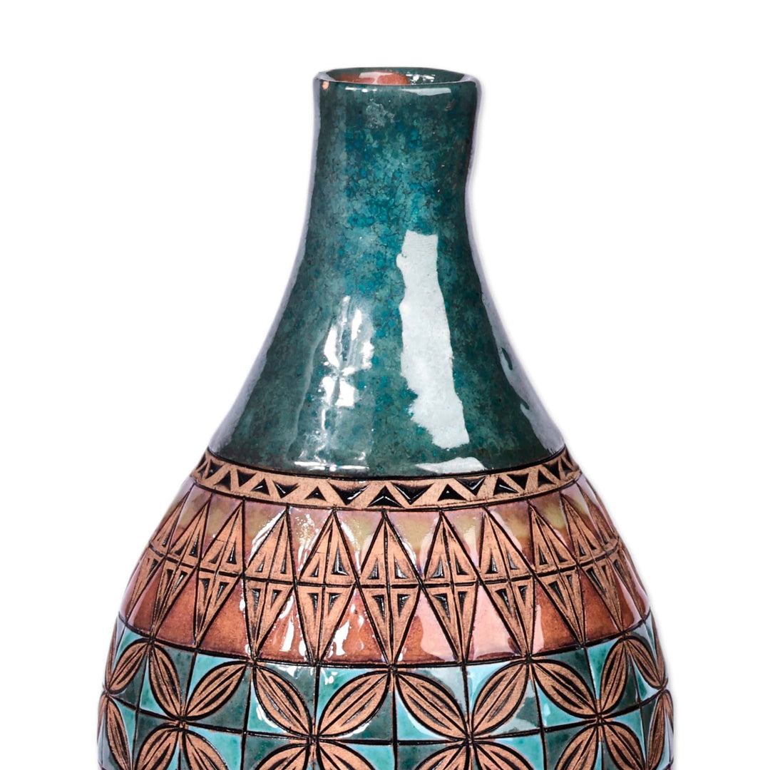 Mosaic-Inspired Green and Brown Round Bottle Ceramic Vase - Armenian Era