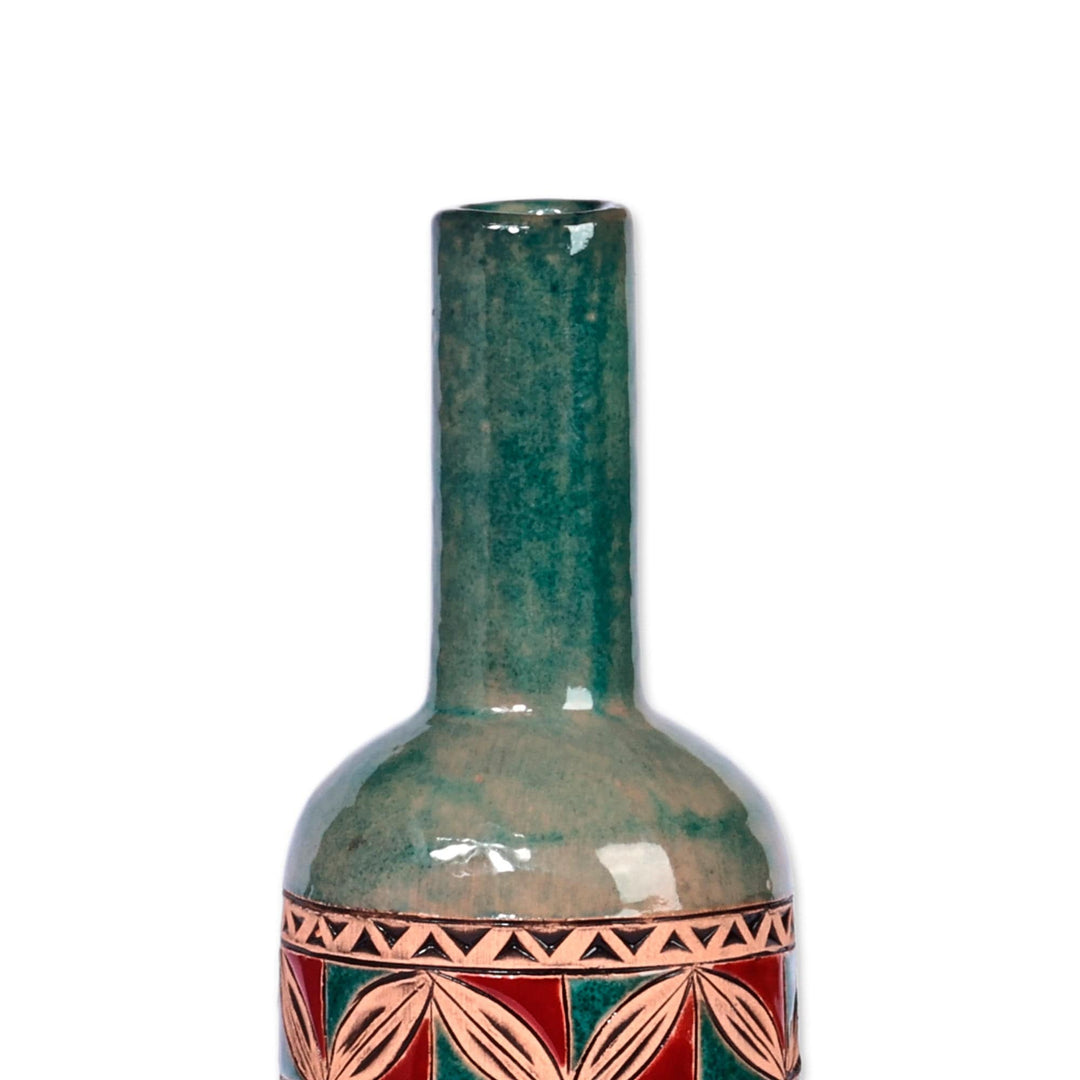 Mosaic-Inspired Green and Red Bottle-Shaped Ceramic Vase - Passionate Elixir