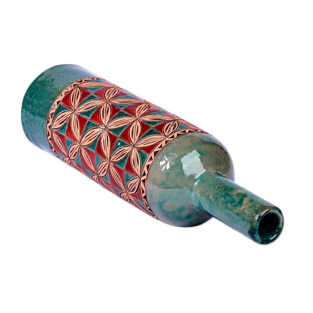 Mosaic-Inspired Green and Red Bottle-Shaped Ceramic Vase - Passionate Elixir