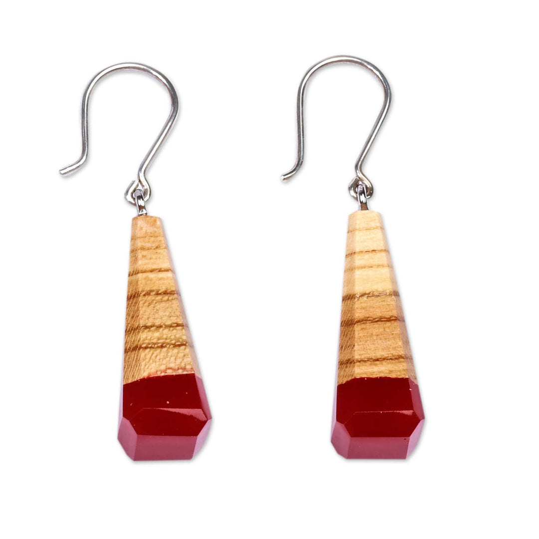 Apricot Wood and Crimson Resin Dangle Earrings from Armenia - Crimson Bliss