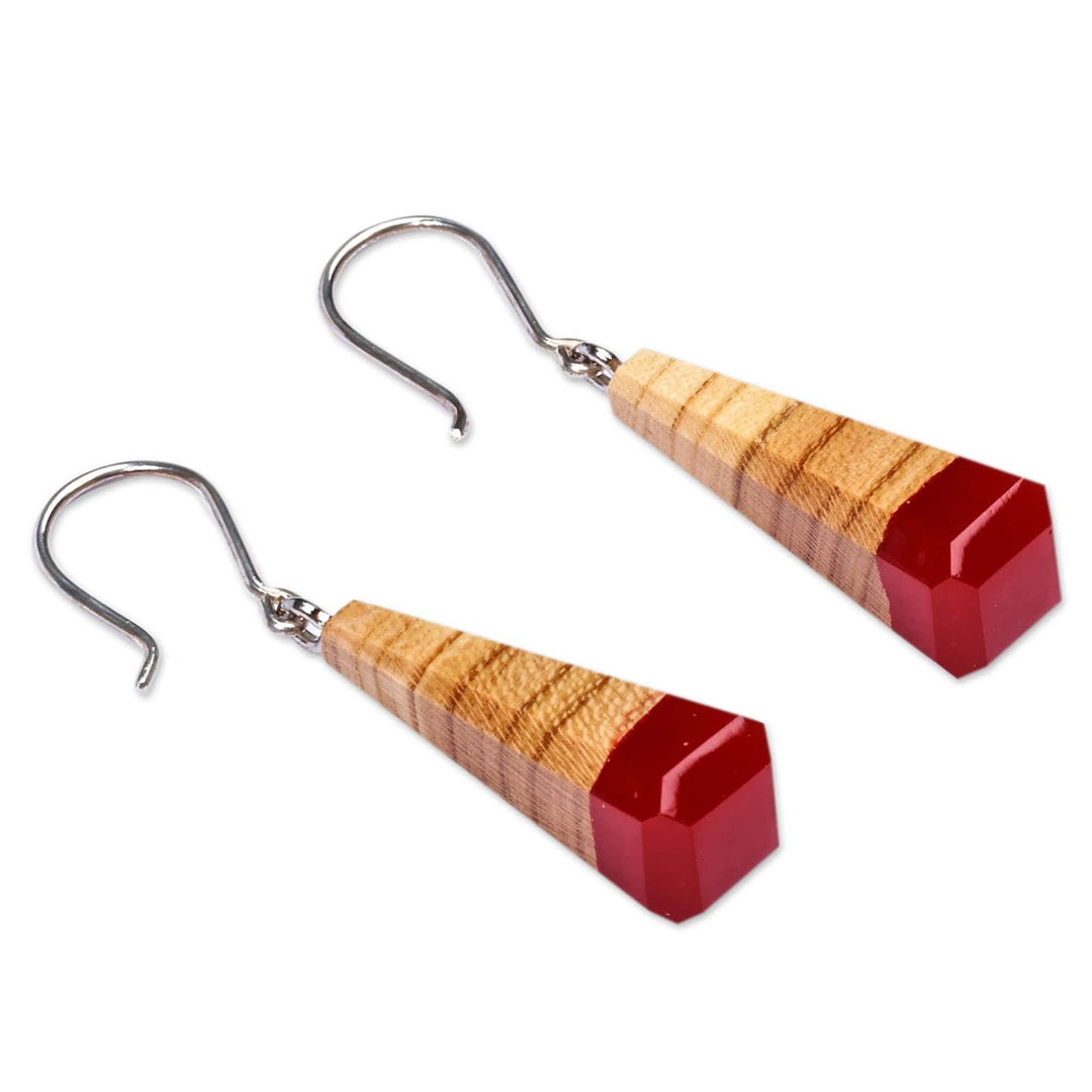 Apricot Wood and Crimson Resin Dangle Earrings from Armenia - Crimson Bliss