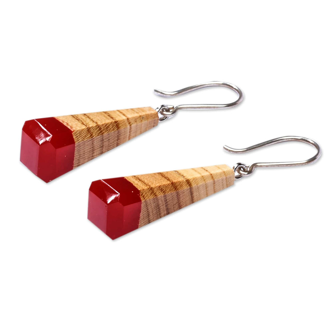 Apricot Wood and Crimson Resin Dangle Earrings from Armenia - Crimson Bliss